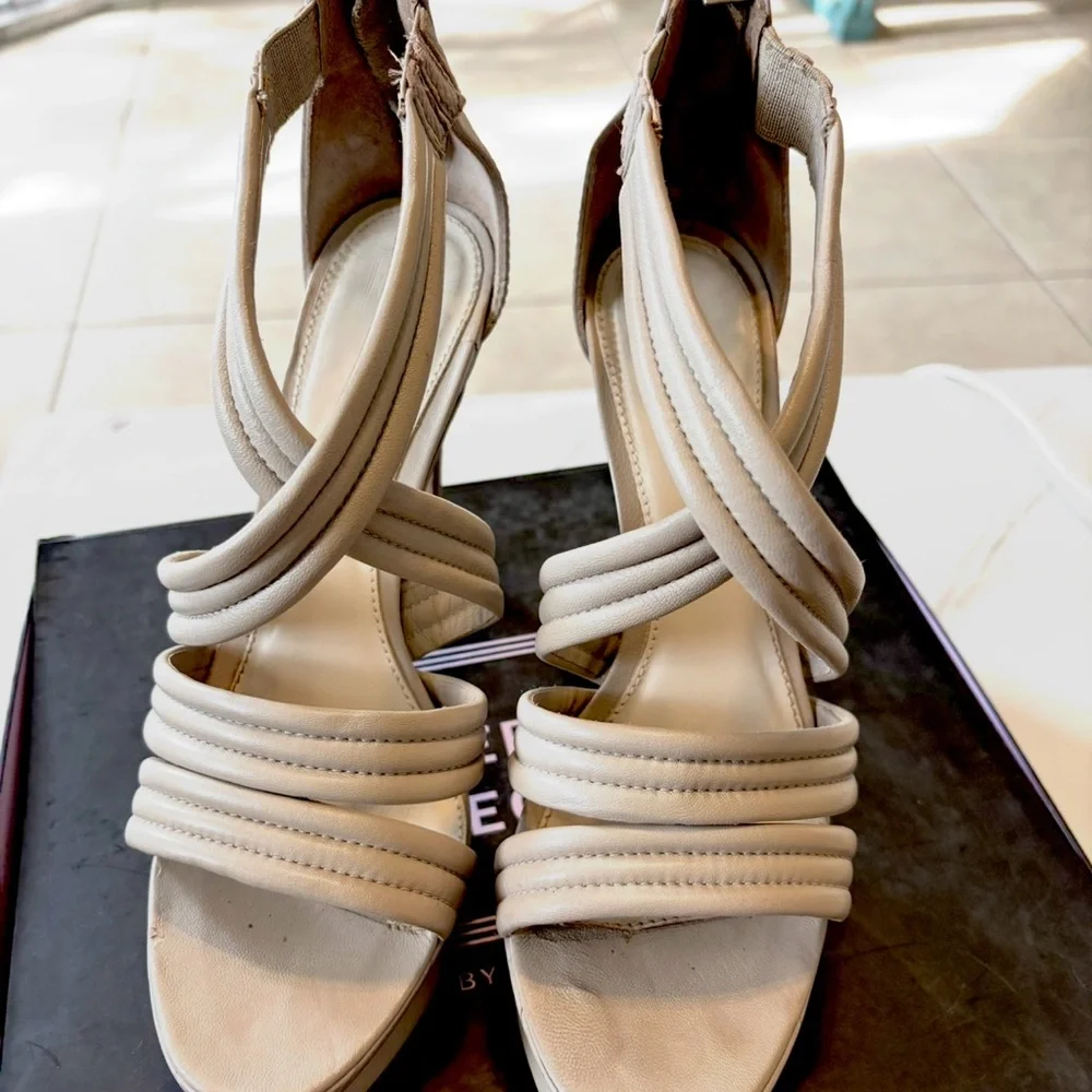 Elegant Taupe Herve Leger Strappy Lamb Heels - Picture 2 of 8